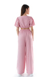 FIANNA - Compleu din material vaporos, set bluza crop si pantaloni largi, roz