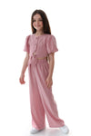 FIANNA - Compleu din material vaporos, set bluza crop si pantaloni largi, roz