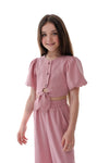 FIANNA - Compleu din material vaporos, set bluza crop si pantaloni largi, roz