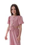 FIANNA - Compleu din material vaporos, set bluza crop si pantaloni largi, roz