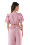 FIANNA - Compleu din material vaporos, set bluza crop si pantaloni largi, roz