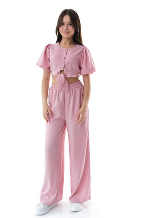 FIANNA - Compleu din material vaporos, set bluză crop și pantaloni largi, roz