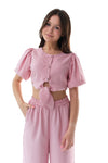 FIANNA - Compleu din material vaporos, set bluza crop si pantaloni largi, roz