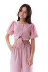 FIANNA - Compleu din material vaporos, set bluza crop si pantaloni largi, roz