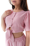 FIANNA - Compleu din material vaporos, set bluza crop si pantaloni largi, roz