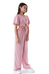 FIANNA - Compleu din material vaporos, set bluza crop si pantaloni largi, roz