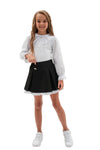 NAIARA – Fusta scurta din stofa cu volan alb in contrast, negru