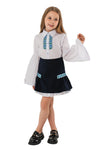 DARINA – Fusta scurta din stofa cu motive etnice si volan in contrast, bleumarin/alb