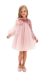 ABELIA - Rochita de ocazie din tulle fin cu catifea, paiete si funda supradimensionata, roz