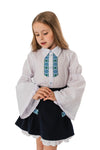 DARINA – Fusta scurta din stofa cu motive etnice si volan in contrast, bleumarin/alb