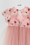 FLORA - Rochita de ceremonie din tulle fin cu broderie florala, ideala pentru botez, roz