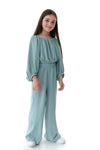 ISLA - Compleu din material vaporos, set bluza crop si pantaloni largi, bleu
