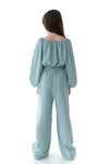 ISLA - Compleu din material vaporos, set bluza crop si pantaloni largi, bleu