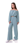 ISLA - Compleu din material vaporos, set bluza crop si pantaloni largi, bleu