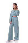 ISLA - Compleu din material vaporos, set bluza crop si pantaloni largi, bleu