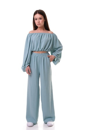 ISLA - Compleu din material vaporos, set bluza crop si pantaloni largi, bleu