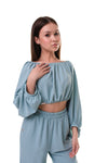 ISLA - Compleu din material vaporos, set bluza crop si pantaloni largi, bleu