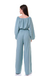 ISLA - Compleu din material vaporos, set bluza crop si pantaloni largi, bleu