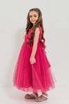 JASMINE – Rochita de ocazie din tulle fin cu saten si drapaje cu funda decorativa, fuchsia