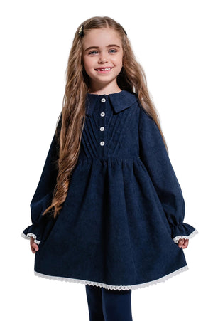 LINEA – Rochie din catifea reiat cu guler Sailor si detalii din dantela, bleumarin