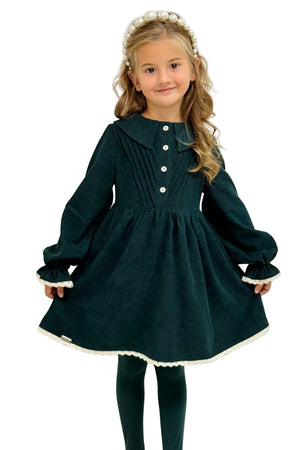 LINEA – Rochie din catifea reiat cu guler Sailor si detalii din dantela, verde