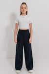DAPHNE – Pantaloni evazati lungi din stofa cu talie inalta si dunga, bleumarin