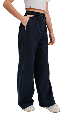 DAPHNE – Pantaloni evazati lungi din stofa cu talie inalta, buzunare si dunga, bleumarin