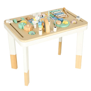 Măsuță interactiva din lemn cu activități Montesori educative și senzoriale pentru copii: puzzle, xilofon, rulmenti, abac, forme, culori