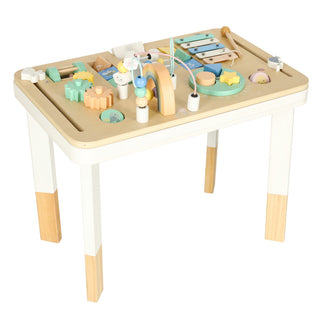 Măsuță interactivă din lemn cu activități Montessori educative și senzoriale pentru copii: puzzle, xilofon, rulmenti, abac, forme, culori