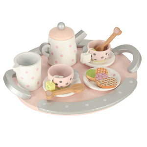 Set de ceai si cafea cu ceainic, cesti, prajiturele si tava din lemn - joc de rol creativ in stil Montessori pentru copii