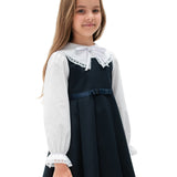 NIARA – Sarafan din stofa cu funda eleganta si model in clos, bleumarin