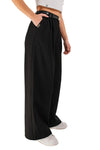 RAYLANI – Pantaloni lungi din stofă cu croială largă, talie înaltă, pliuri și buzunare, negru