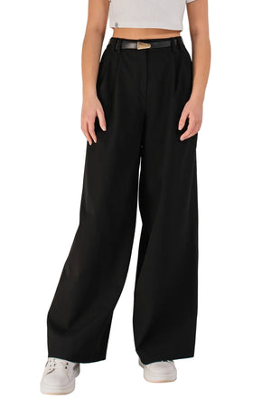 RAYLANI – Pantaloni lungi din stofă cu croială largă, talie înaltă, pliuri și buzunare, negru
