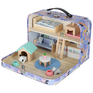 Căsuță portabilă din lemn Hotel SPA animale în valiză cu mobilier, figurine câine și pisică, 18 accesorii, +3 ani