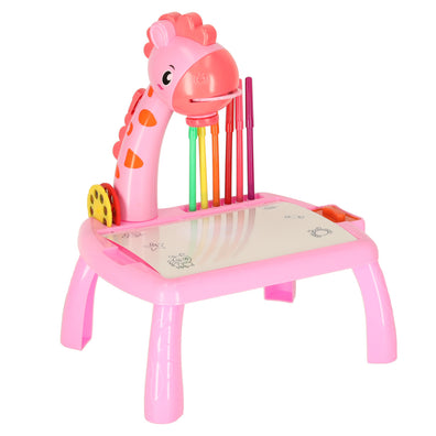 Masă de desen cu proiector Girafa, 3 discuri, accesorii și 12 carioci pentru copii, roz