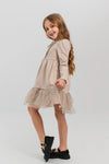RADEYAH - Rochie din bumbac fin cu volan, aplicatii din tulle si fundita decorativa, bej