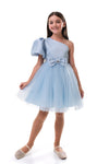 ROVENA - Rochie de ocazie din saten cu tulle fin si model asimetric pe un umar, bleu