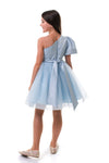 ROVENA - Rochie de ocazie din saten cu tulle fin si model asimetric pe un umar, bleu