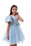 ROVENA - Rochie de ocazie din saten cu tulle fin si model asimetric pe un umar, bleu