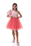 ROVENA - Rochie de ocazie din saten cu tulle fin si model asimetric pe un umar, coral