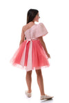 ROVENA - Rochie de ocazie din saten cu tulle fin si model asimetric pe un umar, coral
