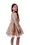 CELIA - Rochiță de ocazie din catifea cu paiete, tulle fin și fundițe decorative, auriu