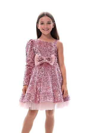 CELIA - Rochiță de ocazie din catifea cu paiete, tulle fin și fundițe decorative, roz