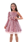 CELIA - Rochiță de ocazie din catifea cu paiete, tulle fin și fundițe decorative, roz