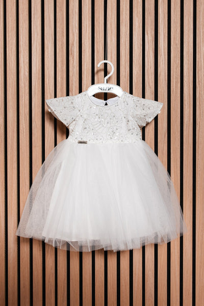 ELDA - Rochita de ceremonie din tulle fin cu dantela, broderie si aplicatii stralucitoare, alb