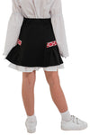 DARINA – Fusta scurta din stofa cu motive etnice si volan in contrast, negru/rosu