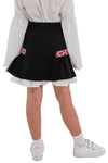 DARINA – Fusta scurta din stofa cu motive etnice si volan in contrast, negru/rosu