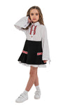 DARINA – Fusta scurta din stofa cu motive etnice si volan in contrast, negru/rosu
