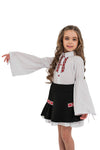DARINA – Fusta scurta din stofa cu motive etnice si volan in contrast, negru/rosu