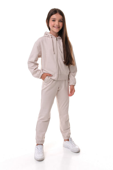 FRANCES- Trening din bumbac premium, set hanorac cu fermoar și pantaloni, bej – 140